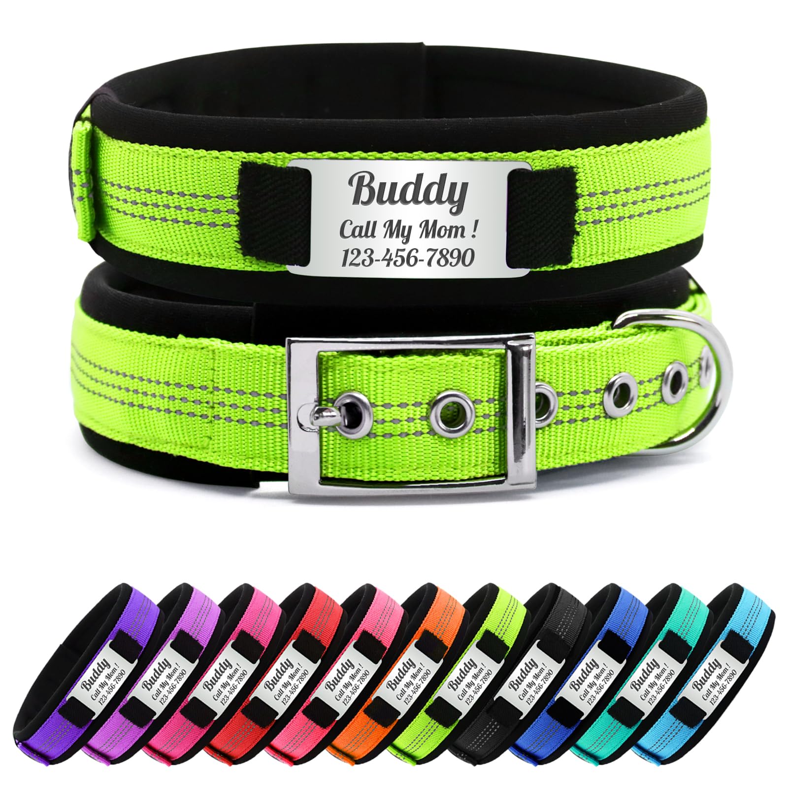 Nylon Reflective Personalised Dog Collar with Name, Customisable Dog Collar with Metal Belt Buckle, Soft Comfort for Pets - Matching Lead Available (Green) โ image 1