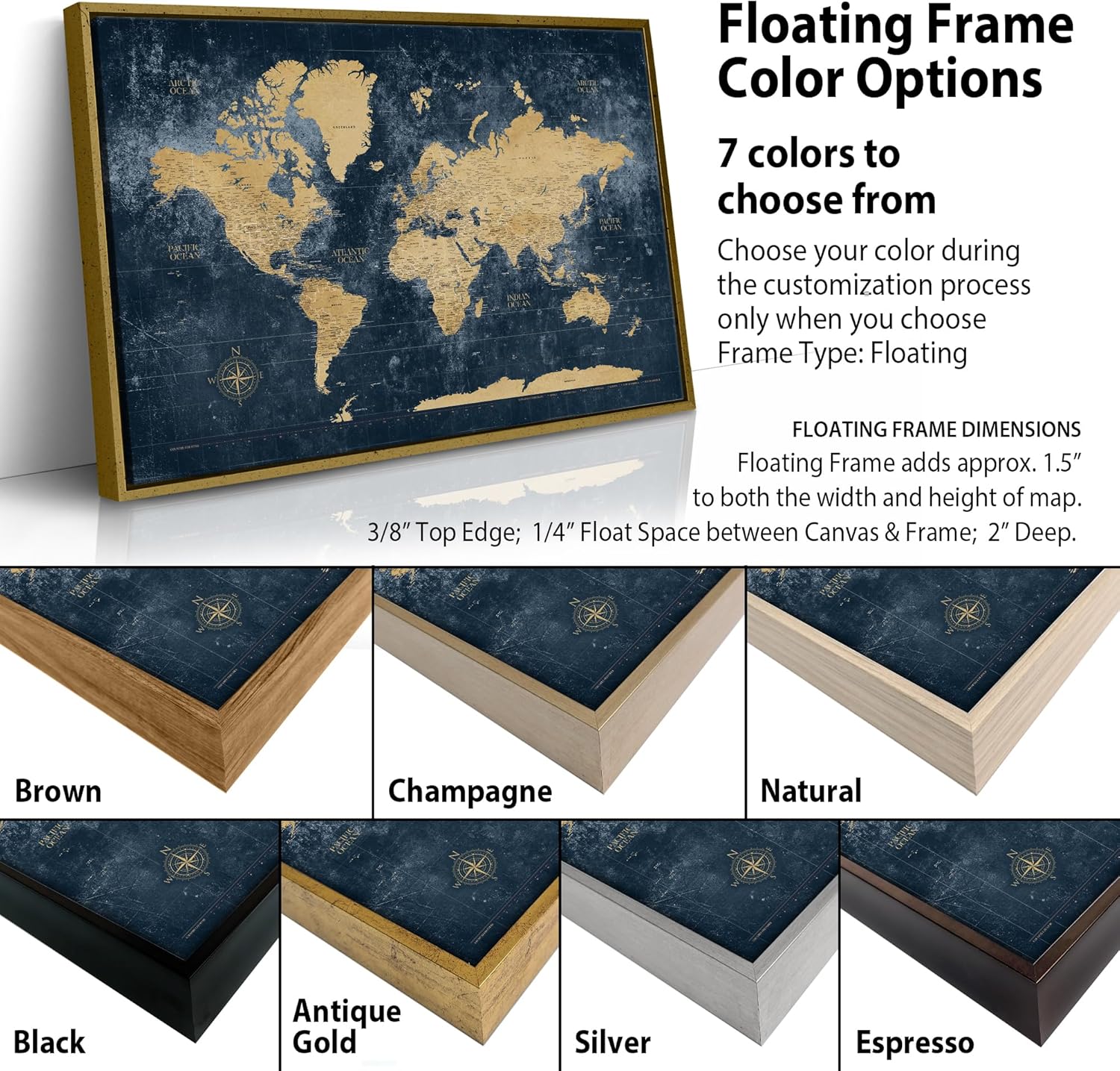 HolyCowCanvas Gold & Navy World Travel Map with Pins, World Map Pin Board to Track Places Visited, Travel Tracker