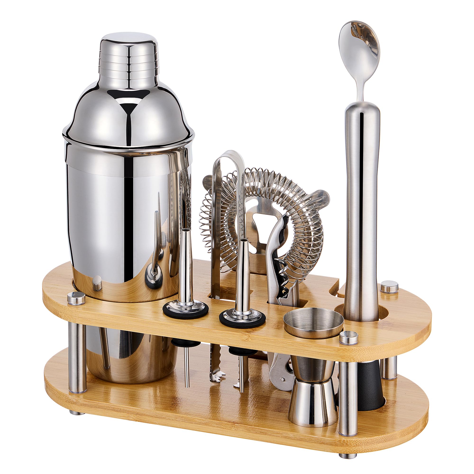 Set di shaker per cocktail da barista, 11 pezzi, con supporto in bambù e tutti gli accessori da bar: shaker Martini, colino, misurino, pestello, cucchiaio miscelatore, kit da bar, casa e feste