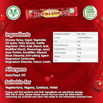 Swizzels Refreshers Cherry Cola Chew Bars 60 Pack, Fizzy Sherbet Centre Retro Sweets, Individually Wrapped PMP Candy Bars, 1080 Grams