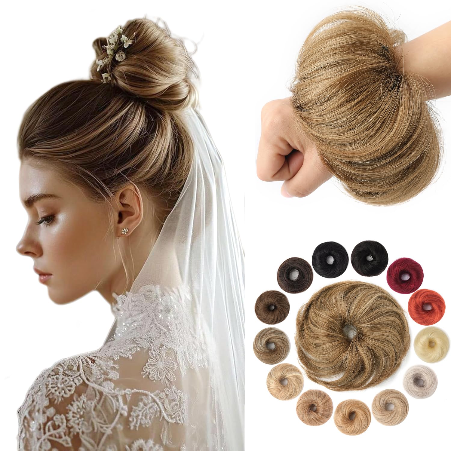 KISANOF Human Hair Bun pieces Natural Curly Honey Brown Tousled Stretchy Fluffy Donut Updo Elastic Rubber Band Ponytail Extensions(1 Count #6 Honey