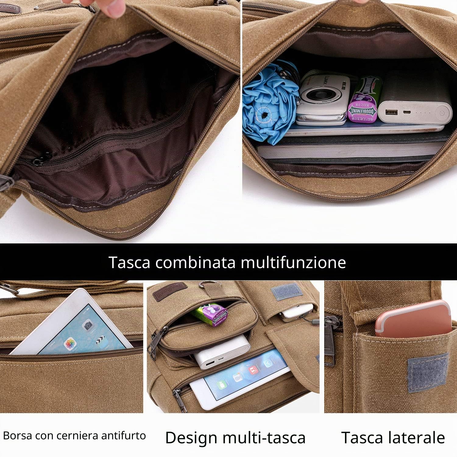FANDARE Borse a spalla da Uomo,Borse Messenger di tela, Borse per 7.9'' tablet, Unisex Borsa a tracolla, Per lavoro e scuola