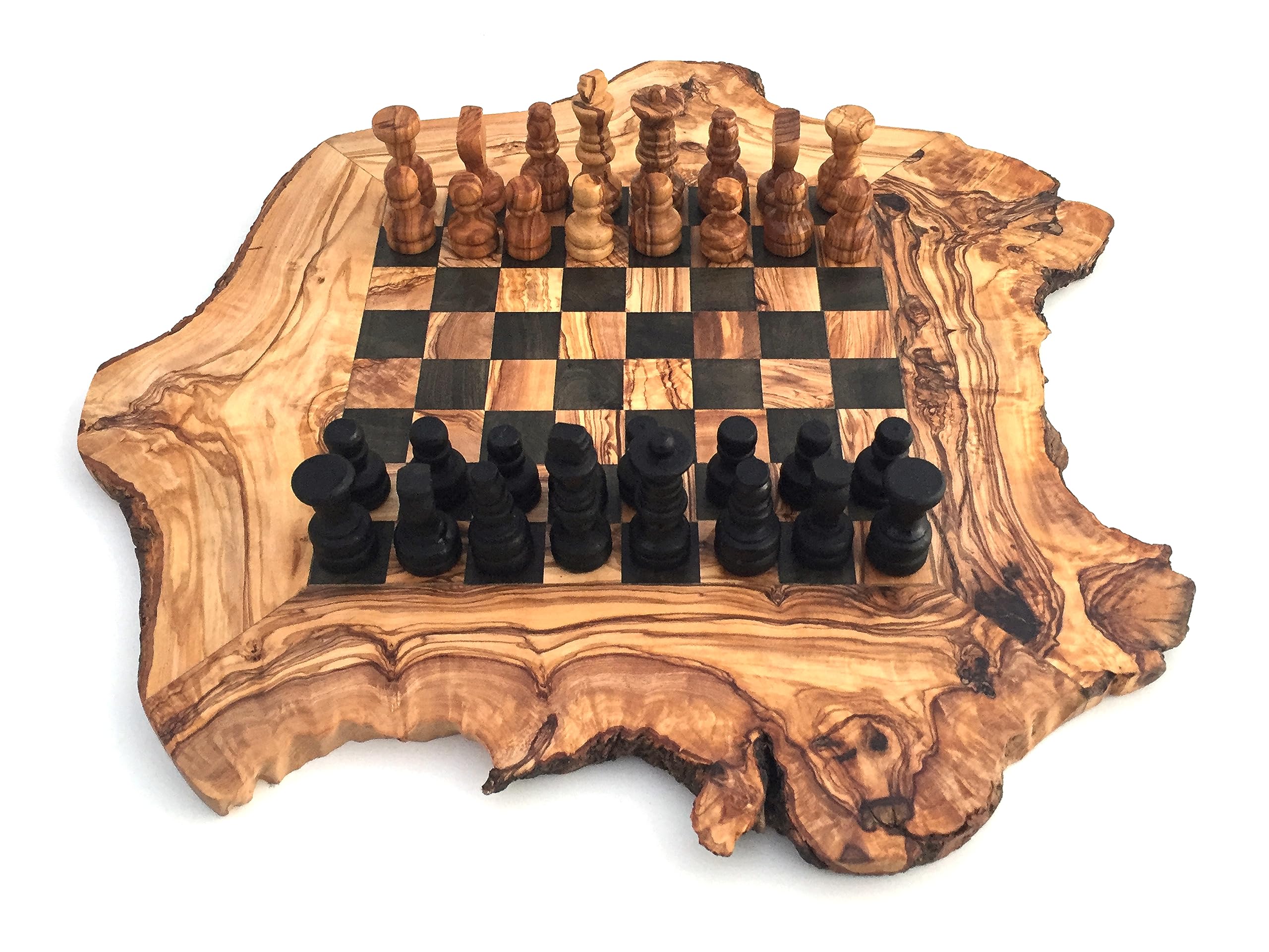 Plateau d'échecs rustique Choix de tailles S/M/L/XL Comprend 32 pièces d'échecs Ensemble d'échecs en bois d'olivier fait main Idée cadeau (L)