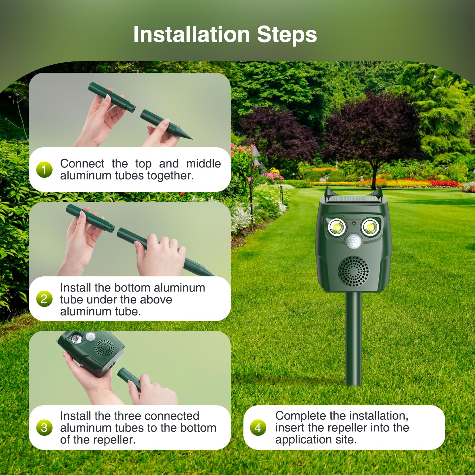 Répulsif Ultrason Chat Exterieur avec Détecteur de Mouvement, 3 Modes Ultrasons et Flashs Anti Pigeon
