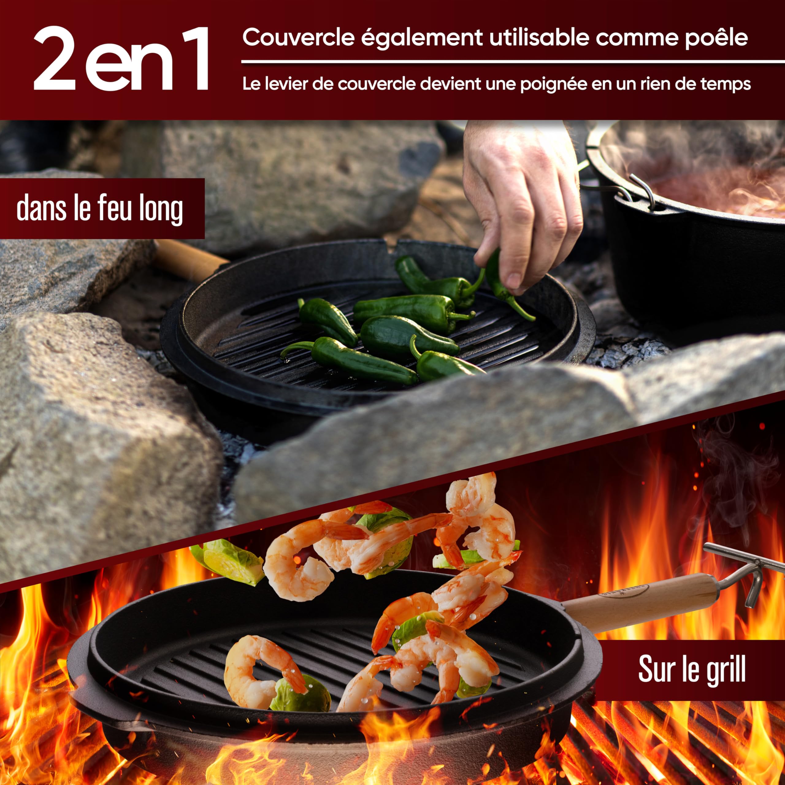 GUSSKÖNIG de four hollandais Ensemble- Dutch Oven de 12 Litres déjà culotté - Feuertopf en fonte sans pieds - Cocotte multifonction -avec lève-couvercle 2 en 1, brosse et livre de recettes Dutch Oven