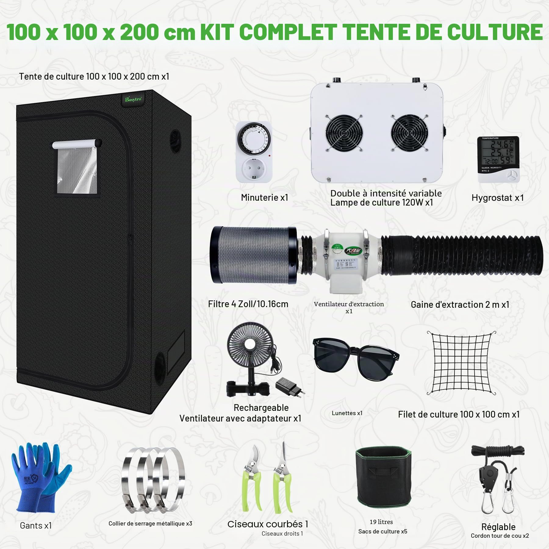 Kit Culture Indoor, 200W Dimmable Lampes De Croissance, Tente de Culture, Kit Complet de Tente de Culture hydroponique 600D avec Thermo-hygromètre et minuterie (100x100x200 cm)