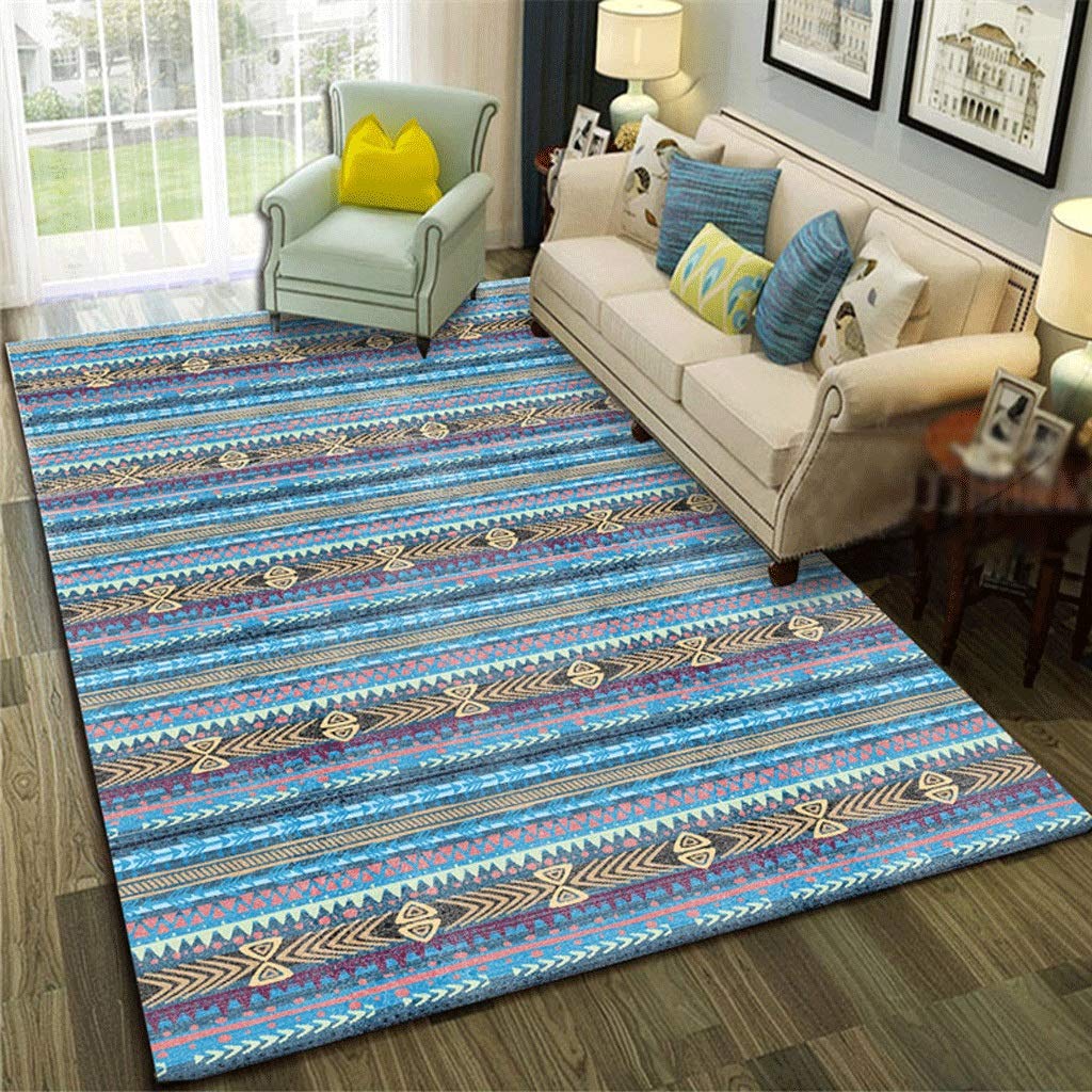 Tapis de salon bleu méditerranéen antidérapant et géométrique pour chambre