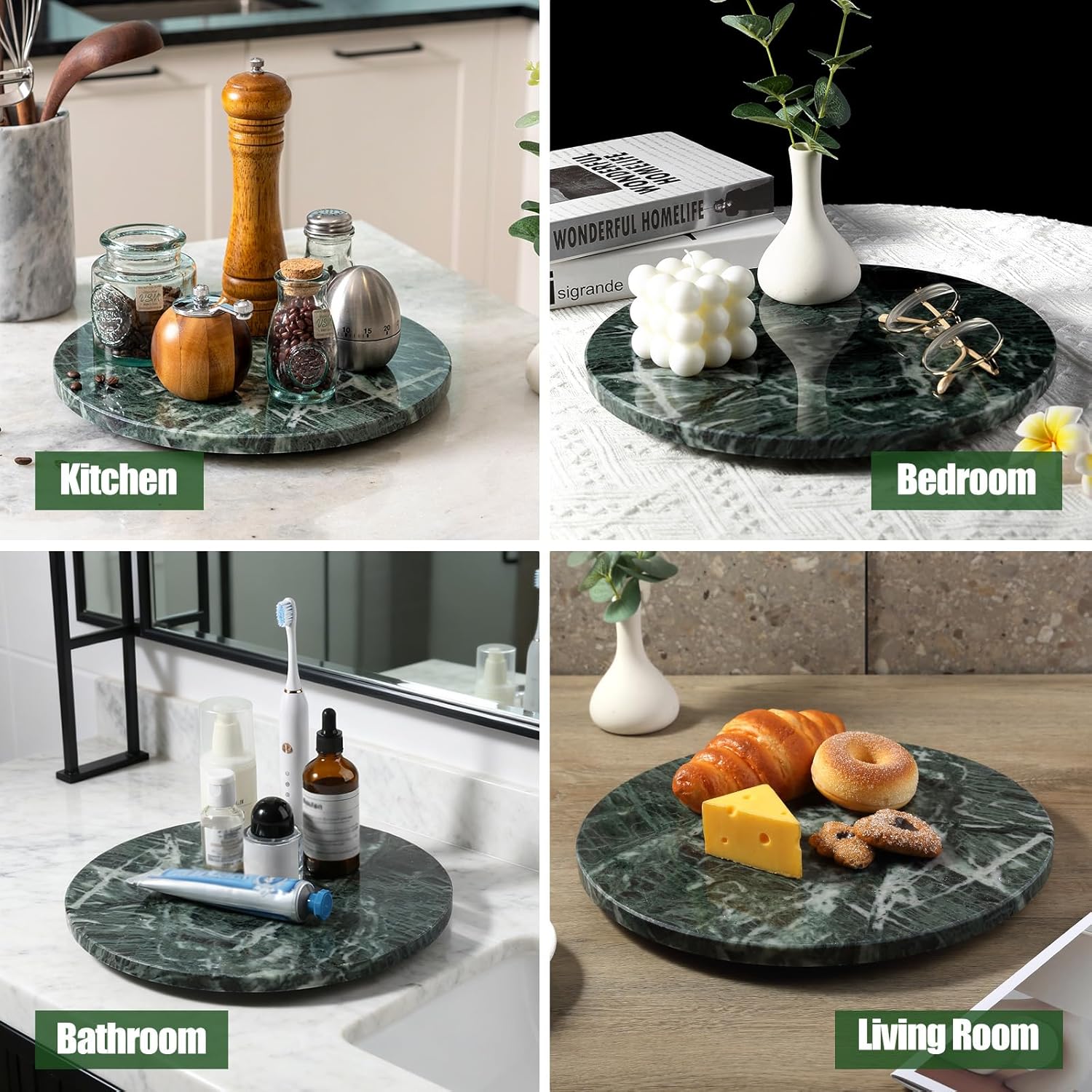 12" Marble Lazy Susan Turntable - 100% Natural Stone Round Serving Tray with Silent Spinning, Revolving Cake Stand & Cheese Board for Kitchen Countertop, Cupcake Table Display, Food, Seasoning (Green)