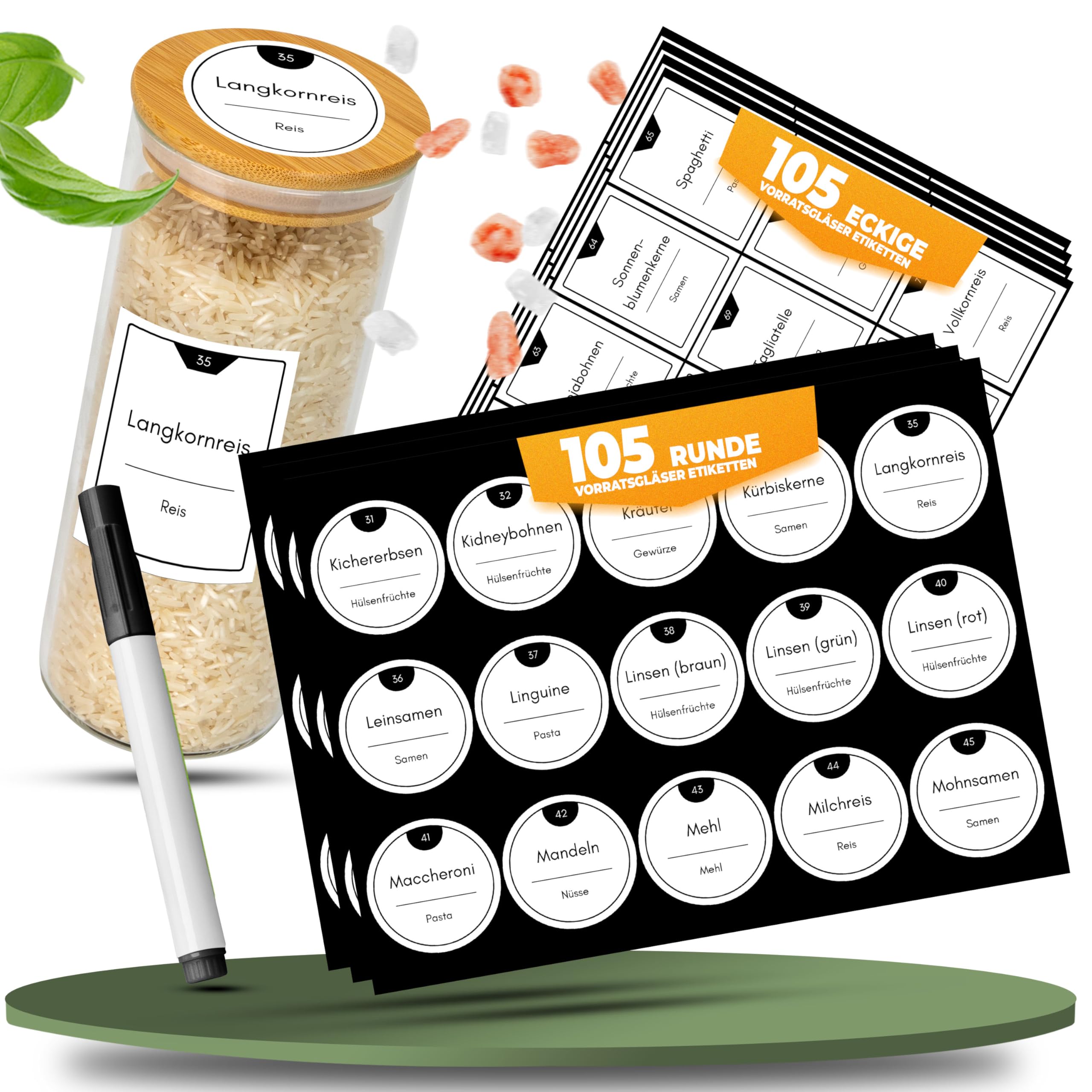 CLIDOR weiße Vorratsetiketten selbstklebend, 210 Stück, Wasserfeste Aufkleber, Vorbeschriftet & Blanko, inkl. Marker zum Beschriften, Etiketten in Rund & Eckig