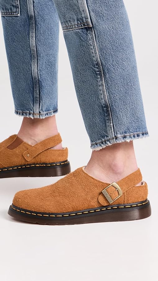 Dr. Martens Isham Mules, Pecan Brown Long Napped Suede, 8 US Women