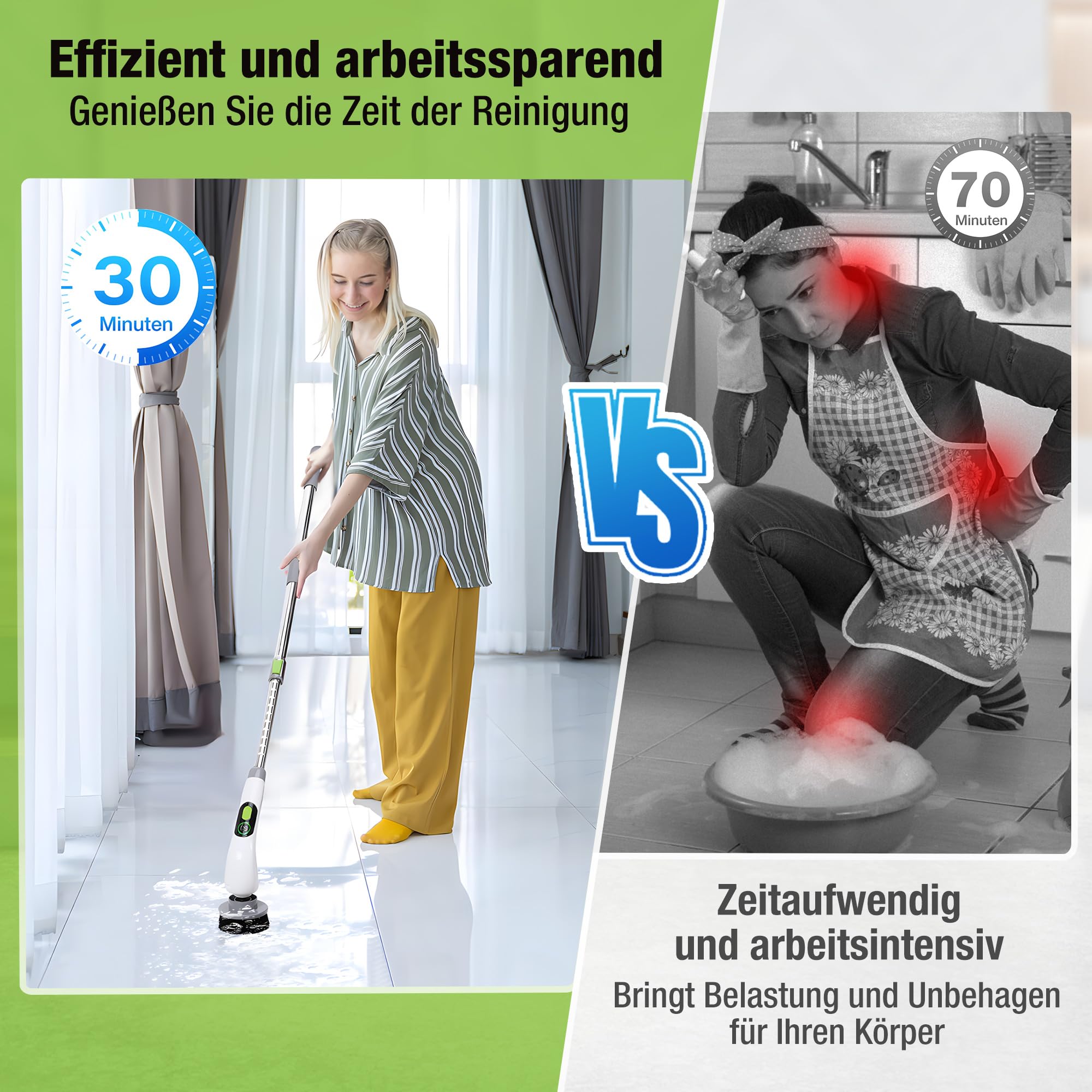 WORKPRO Elektrische Reinigungsbürste mit Leistungsanzeige, 8 IN 1 Spin Power Schrubber, Mit 8 Bohrköpfen & 30-120 cm Teleskopstange, Akku-Reinigungsbürste mit 3 Drehzahlstufen, Für Badezimmer, Küche