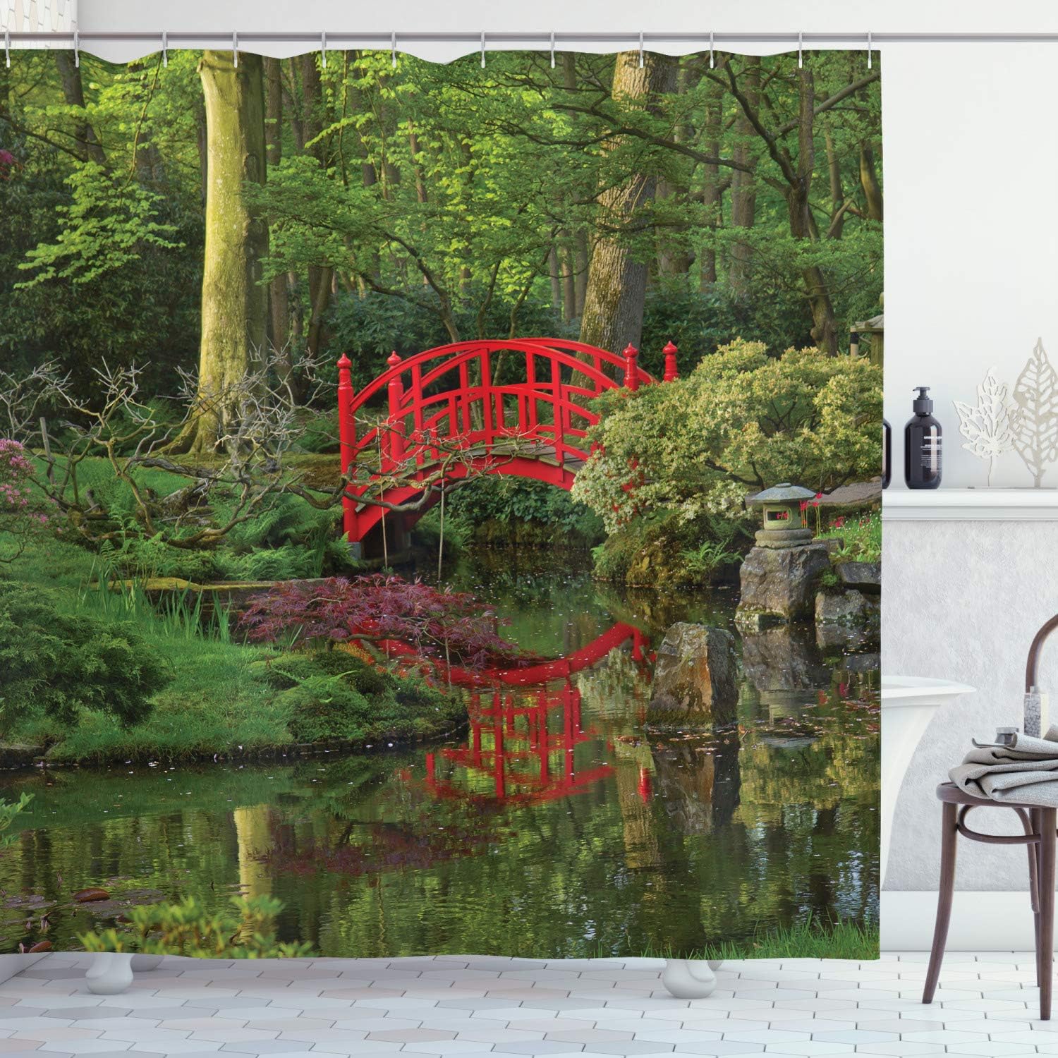 Ambesonne Lake Shower Curtain, Red Chinese Bridge in a Forest of Green Tree Leaves Reflection on River Nature Scene, Cloth Fabric Bathroom Decor Set with Hooks, 69" W x 70" L, Red Green