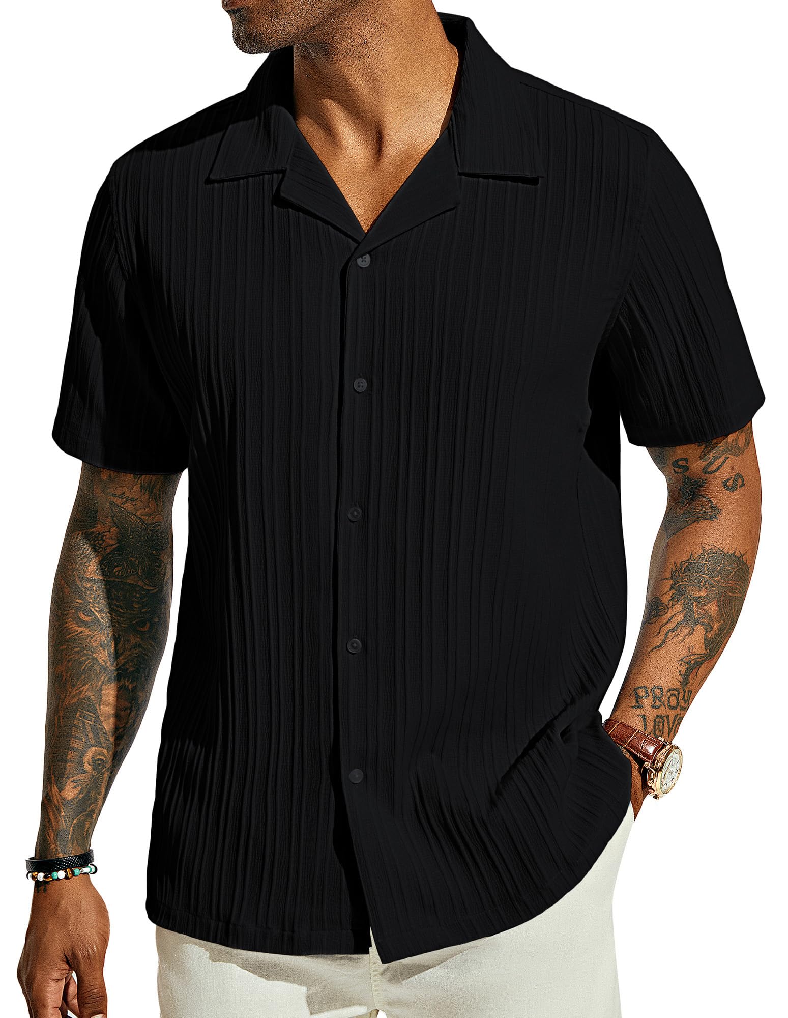 Men's Casual Button Down Shirts - Short Sleeve Summer Textured Beach Wrinkle-Free Shirts