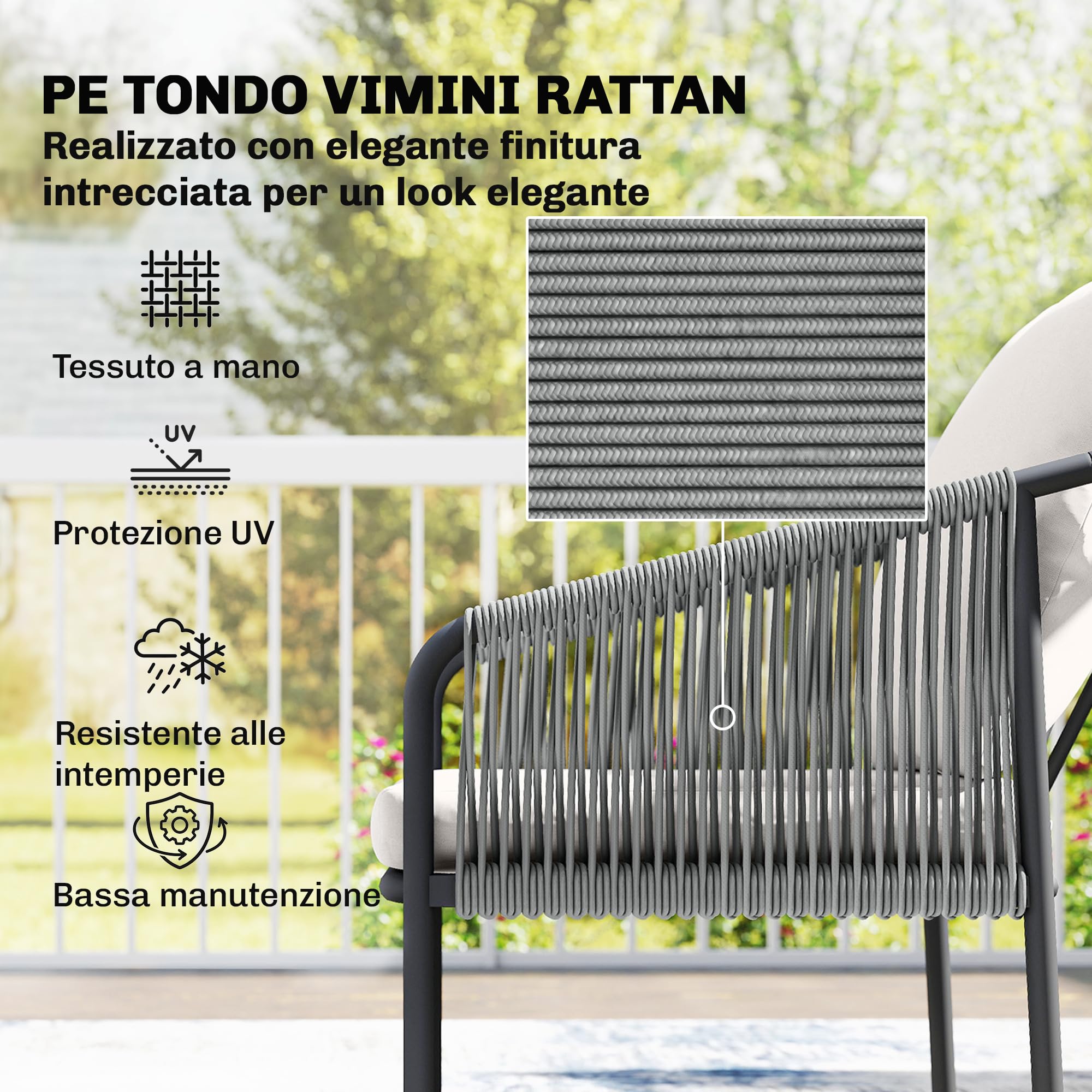 Outsunny Set Salotto da Giardino 4 Pezzi in Rattan, Set di Mobili da Giardino con Divano 2 Posti, 2 Sedie, Tavolino da Caffè Piano Metallo, Cuscini, Struttura in Acciaio, Cachi Grigio Chiaro