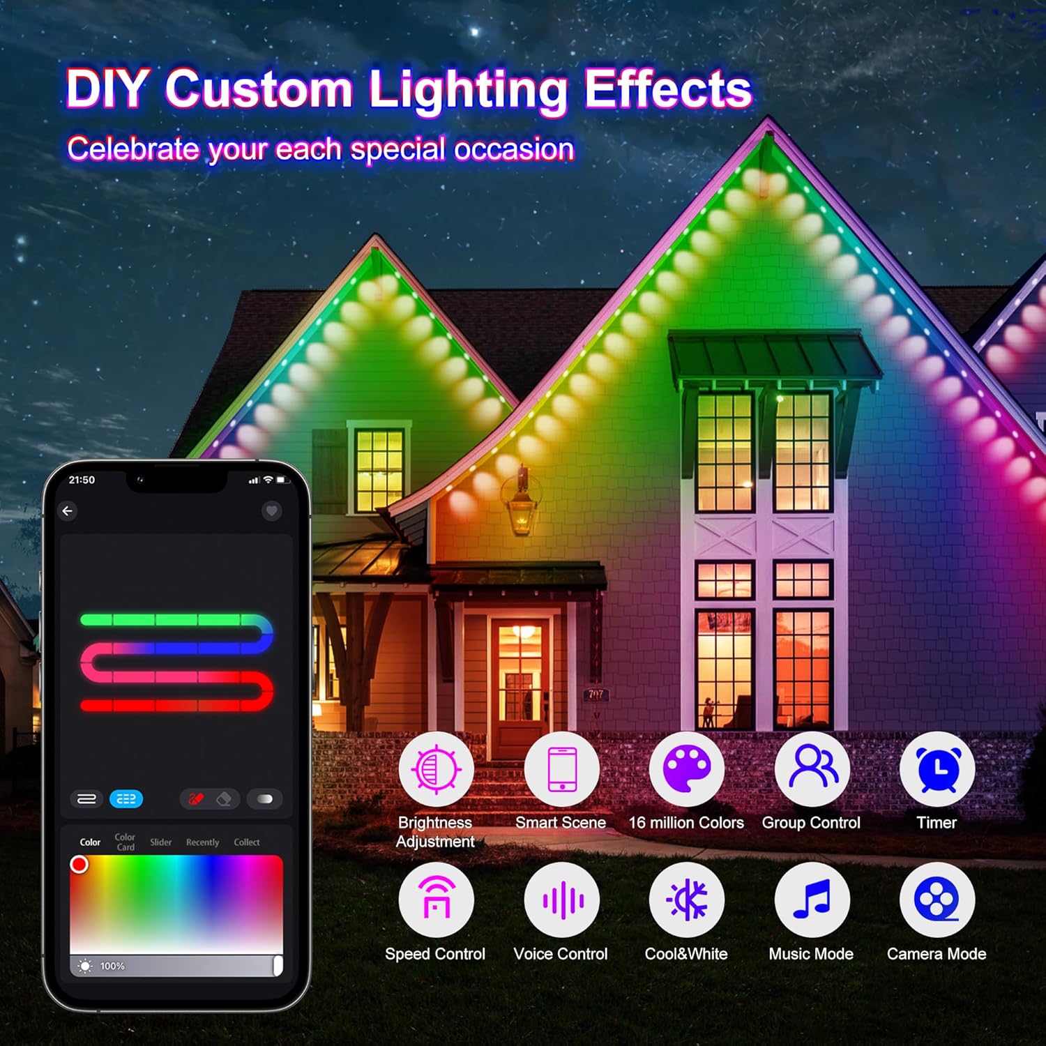 Permanent Outdoor Lights,50ft 36LEDs Eternity Lighting,RGB+IC Smart Eaves Light IP67 Waterproof,for Halloween, Christmas, Holiday, Party,Compatible with Alexa, Google Assistant