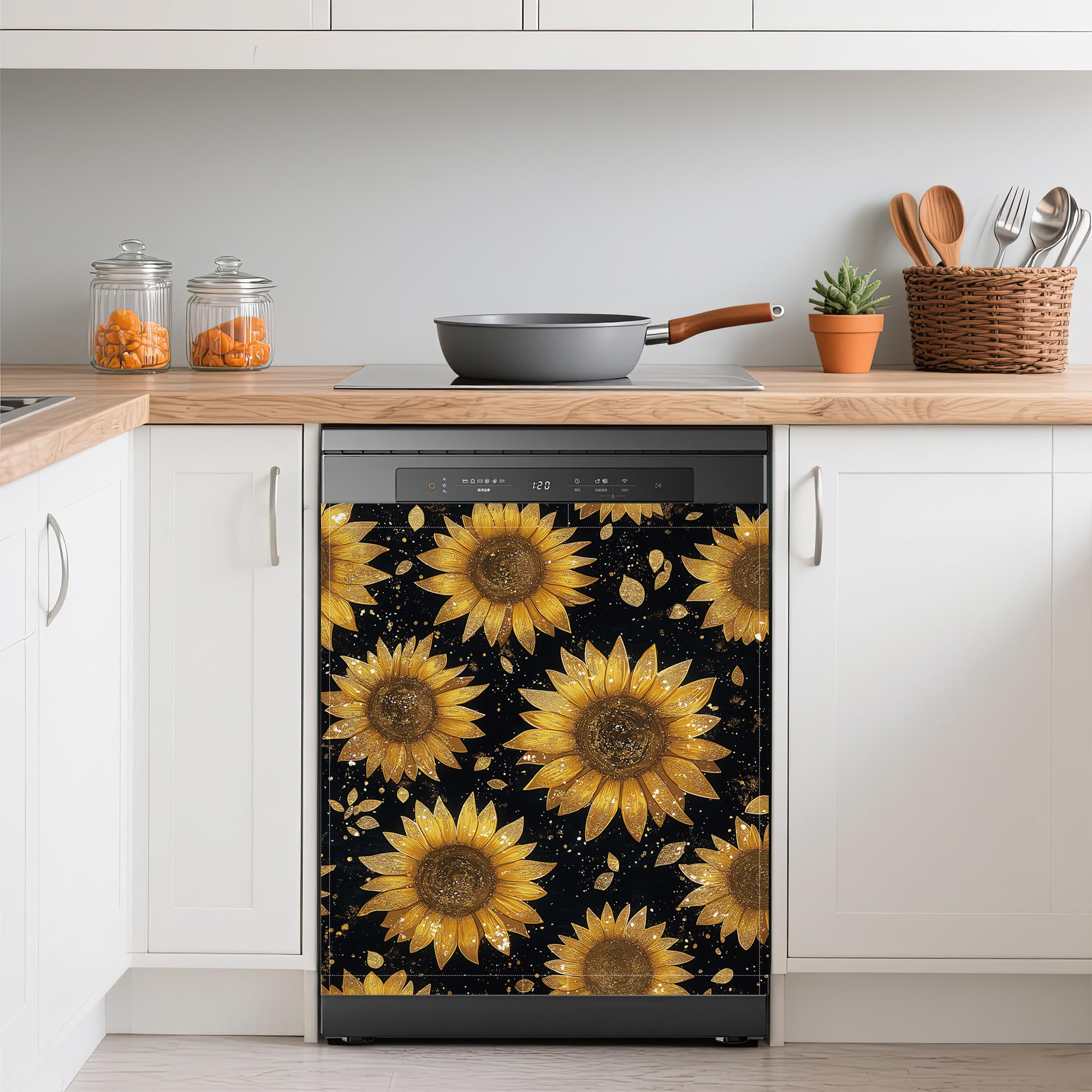 Dishwasher Magnets Decorative Cover,Gold Sunflower Refrigerator Magnet Cover,Washable Modern Floral Dishwasher Front Panel Cover Home Kitchen Decoration 23x26 Inch