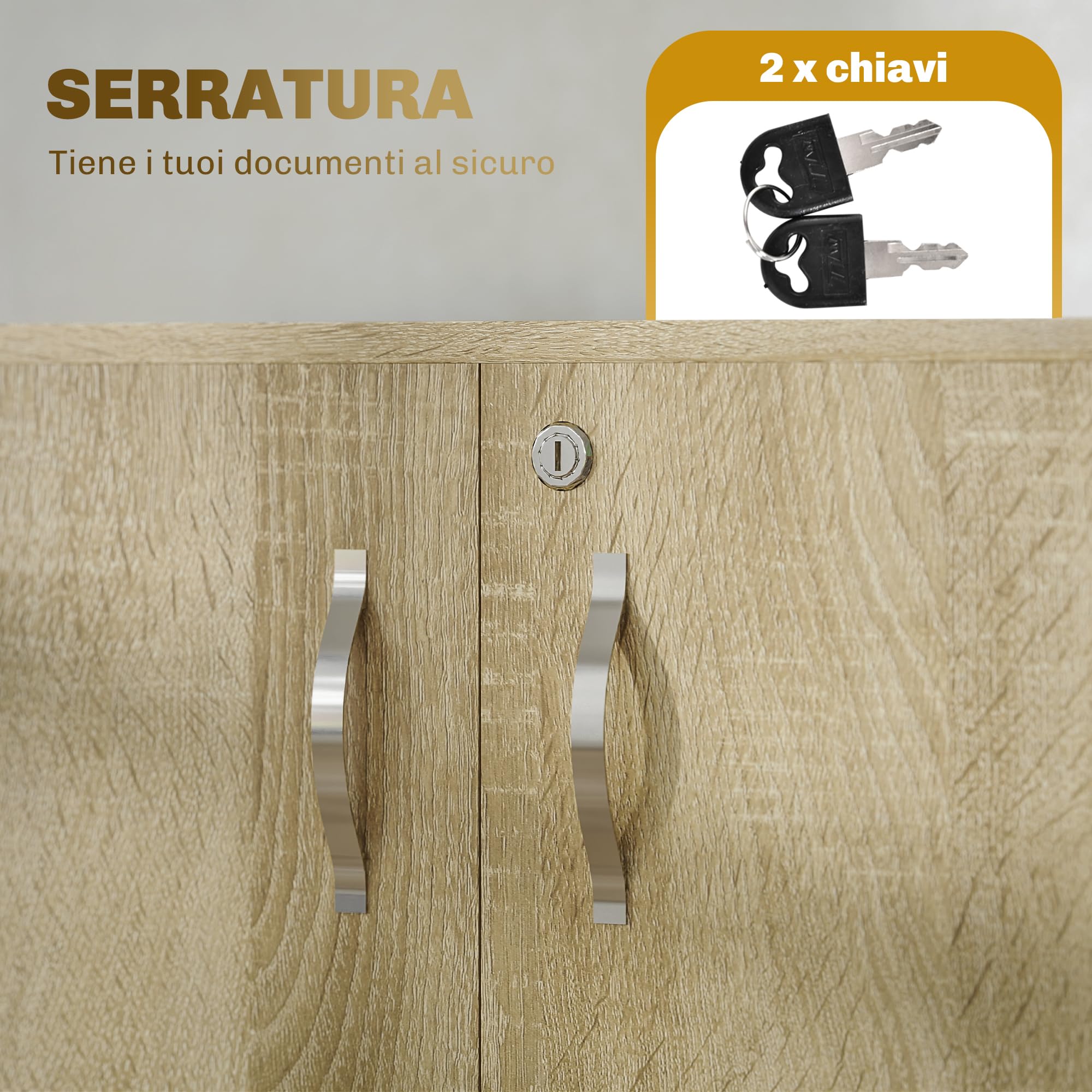 Vinsetto Armadietto per Documenti con Serratura, Armadio da Ufficio con 2 Ante e 2 Ripiani, Mobiletto Multiuso Portaoggetti con Maniglia in Lega di Alluminio, per Casa Ufficio, 80x40x80 cm, Rovere
