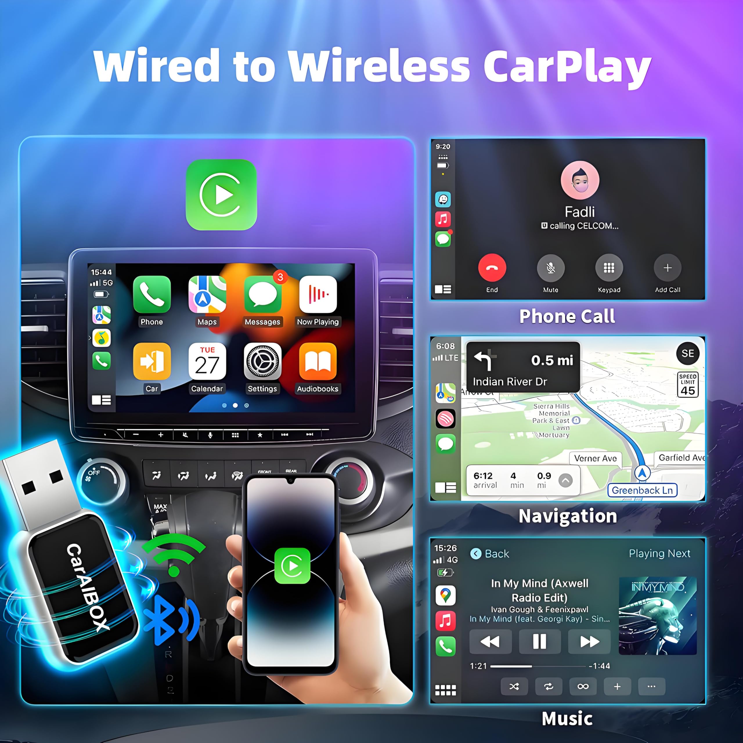 Bezprzewodowy adapter CarPlay do iPhone'a, konwertuj przewodowy na bezprzewodowy adapter Apple CarPlay, Plug & Play, bez opóźnień i stabilne sterowanie, mini rozmiar, USB i USB-C/typ C do samochodów