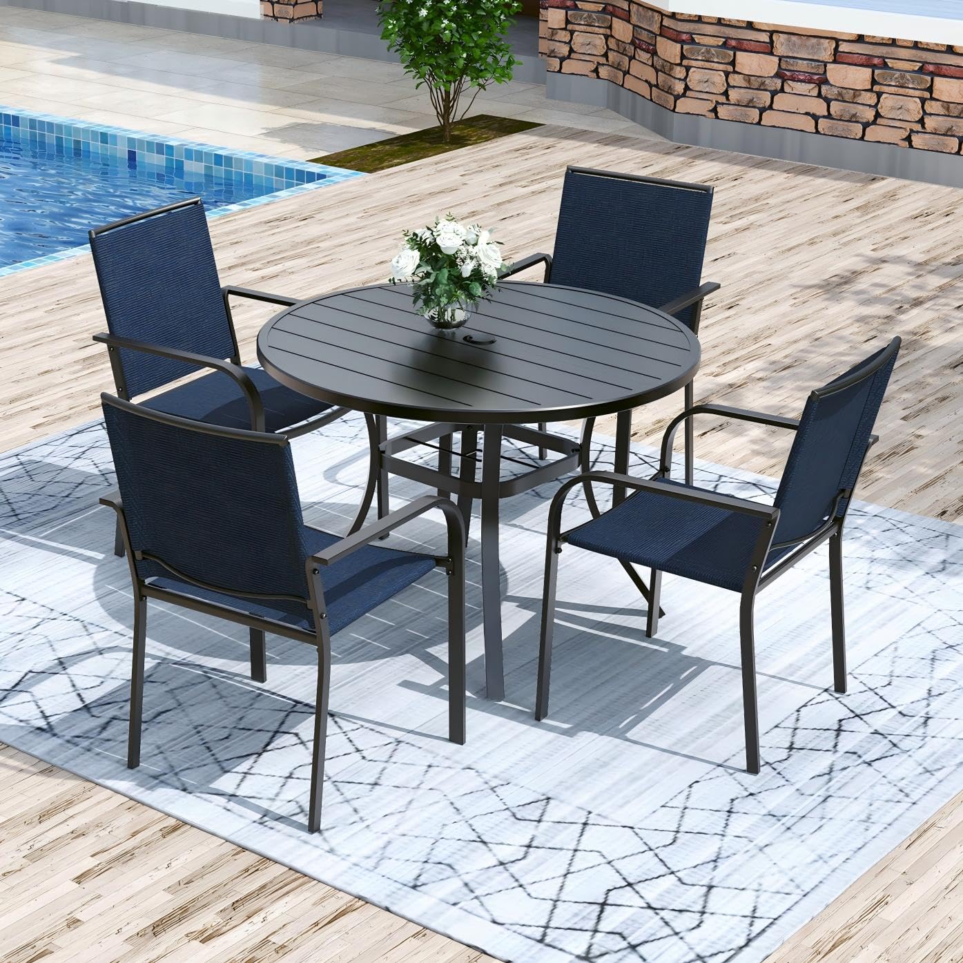 Anmutig 5 Piece Patio Dining Set 41 Inch Round Table Stackable Chairs Blue