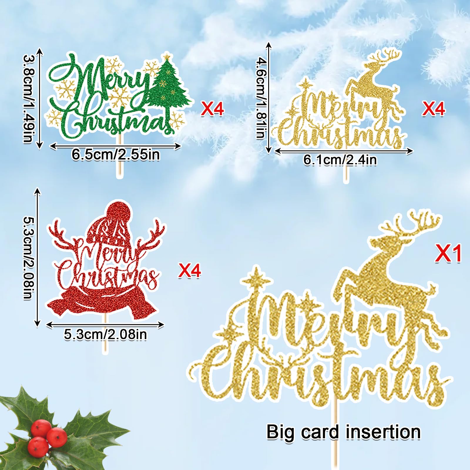 KASESSS Merry Christmas Cake Topper Set, Christmas Cake Toppers with Tree, Deer, Hat Designs - Image 2