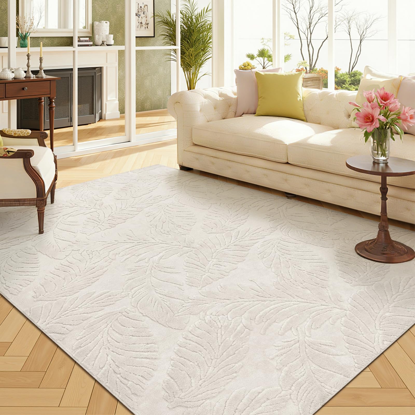 Enyhom Washable Rugs Living Room 120x160cm, 3D Effect Leaf Pattern Beige Area Rug for Bedroom Soft Fluffy High-Low Pile Anti Slip Floor Carpet Mat for Kids Room Office โ image 1
