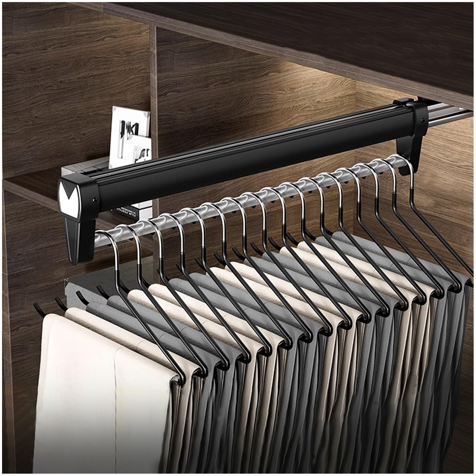 GIVROLDZ Pull Out Clothes Hanger Rail Rack, Wardrobe Clothes Hanger Rail, Space Saving Multifunctional Sliding Hanger Rail Organizer Rack,Black,300mm