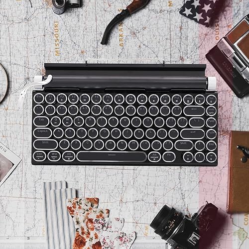 Miniatura 5 de Adventurers Teclado mecánico retro estilo máquina de escribir, retroiluminación LED, 83 teclas, Bluetooth 5.0 eje azul, adecuado para computadoras