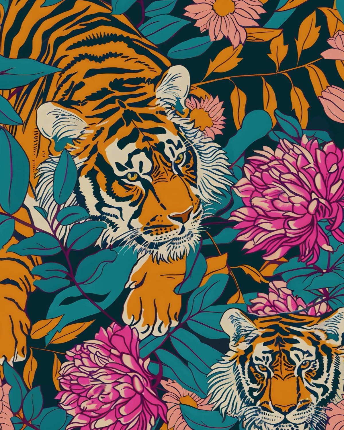 BOKEBEVE Tiger Wallpaper Peel and Stick Vintage Floral Contact Paper Retro Boho Leaf Wall Paper Removable Waterproof Renter Friendly Wall Decor for Bedroom Countertop Desk Cabinet 17.5 x 118In
