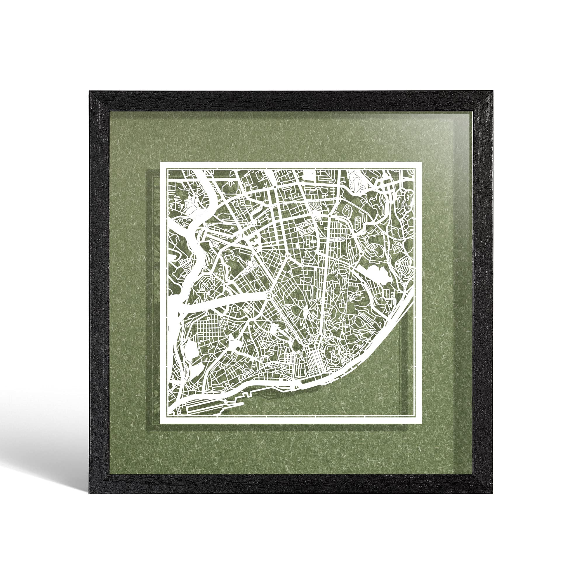 O3 DESIGN STUDIO Lisbon Paper Cut Map framed, White map, Black frame, 23x23 cm, Gift Boxed, 4 background color, self-changing, Paper Art