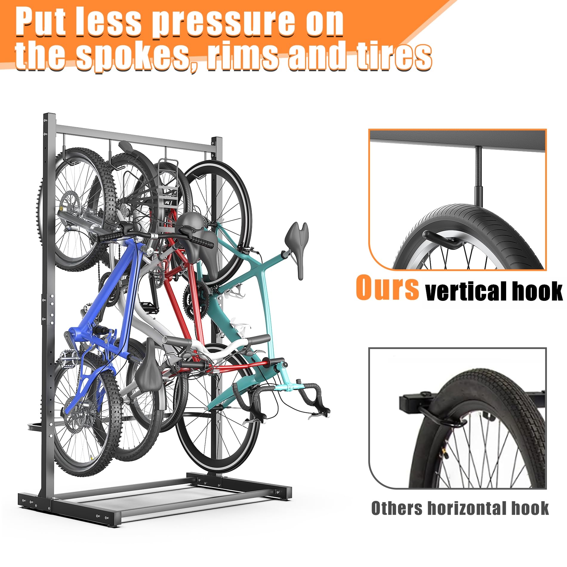 TORACK Garage Freestanding Hanging Bike Stand for Garage, Heavy Duty 4 Bikes Vertical Bike Storage Stand Floor Bike Storage Rack