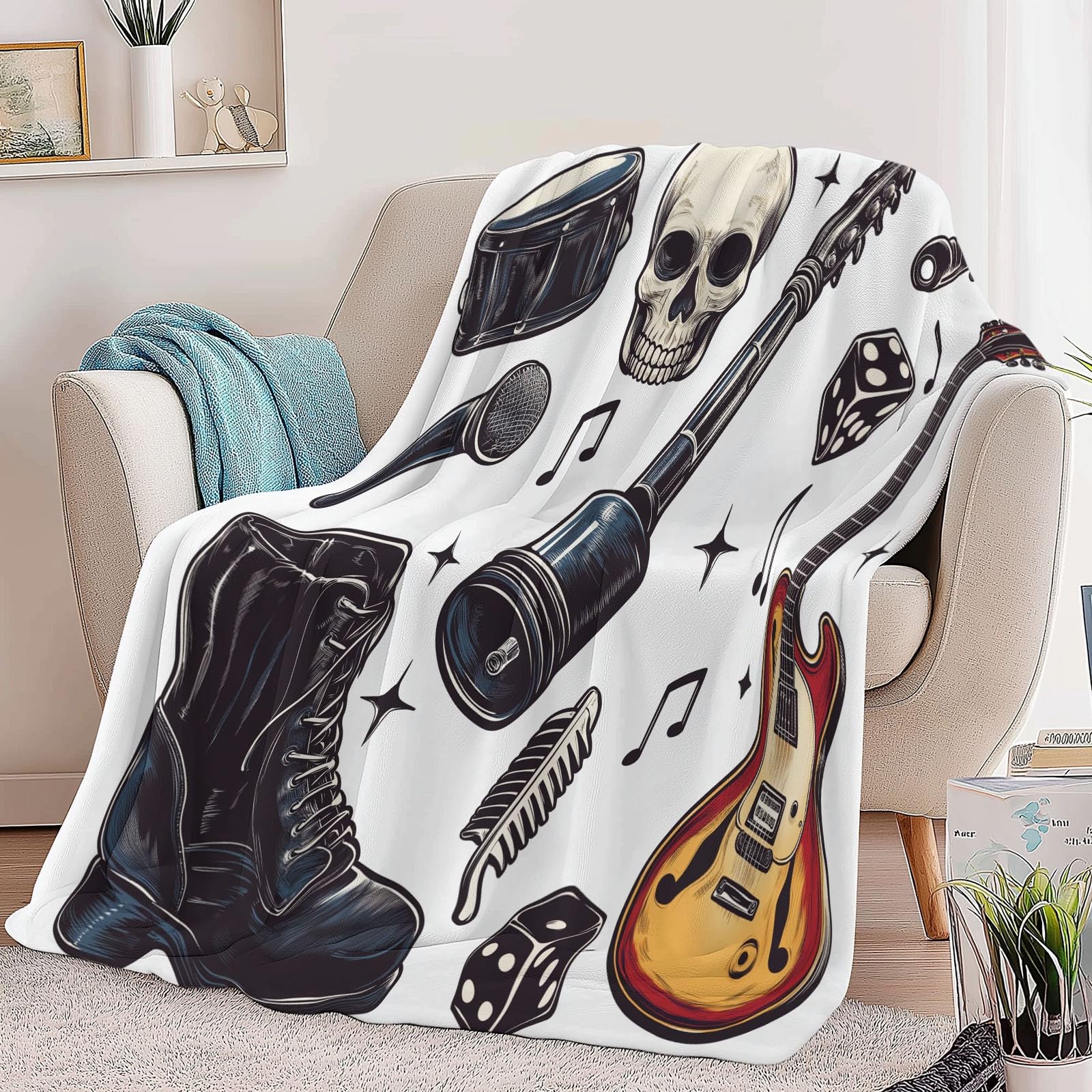 Flanelowy koc Element rockowy Mikrofon gitarowy 150 x 200 cm Koce polarowe z mikrofibry Polar Na wszystkie pory roku Sofa Podróżna Sofa dla dzieci Dorośli, Biały