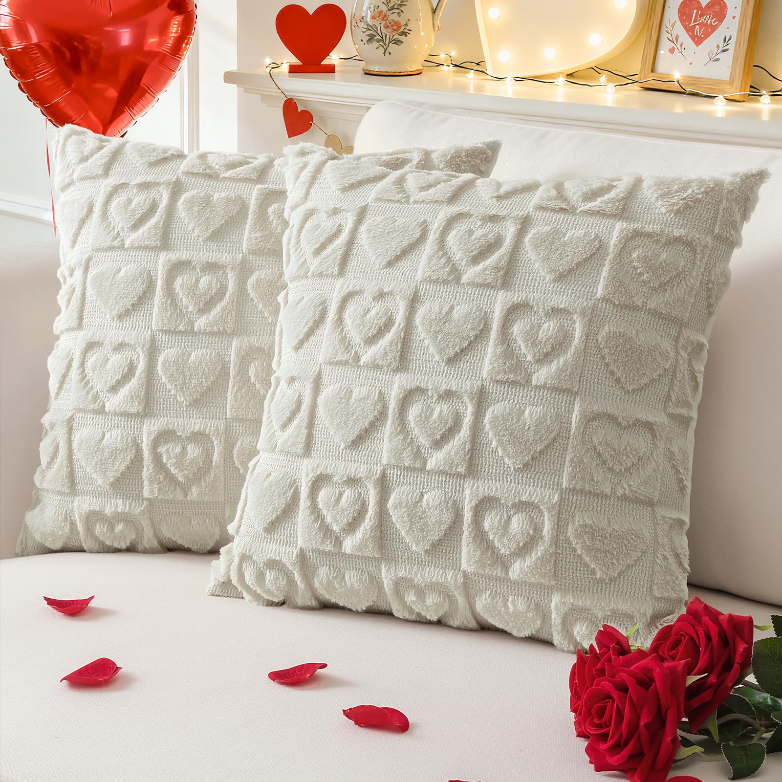 Sungeek Pack of 2 Valentine's Day Love Heart Cushion Covers 45x45 cm, Soft Plush Faux Fur Jacquard Throw Pillows Romantic Wedding Anniversary Decorative Pillow Cases for Sofa Couch, Beige