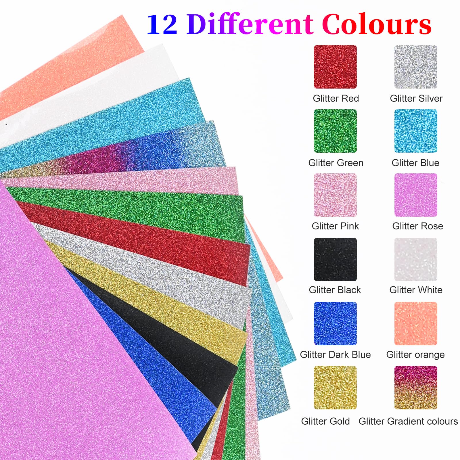 Plotter tessile, 12 colori vinile a trasferimento termico 30,5 x 25 cm flex foil plotter tessile resistente al calore tessile foil plotter glitter per vestiti, cappelli, pantaloni, altri tessuti