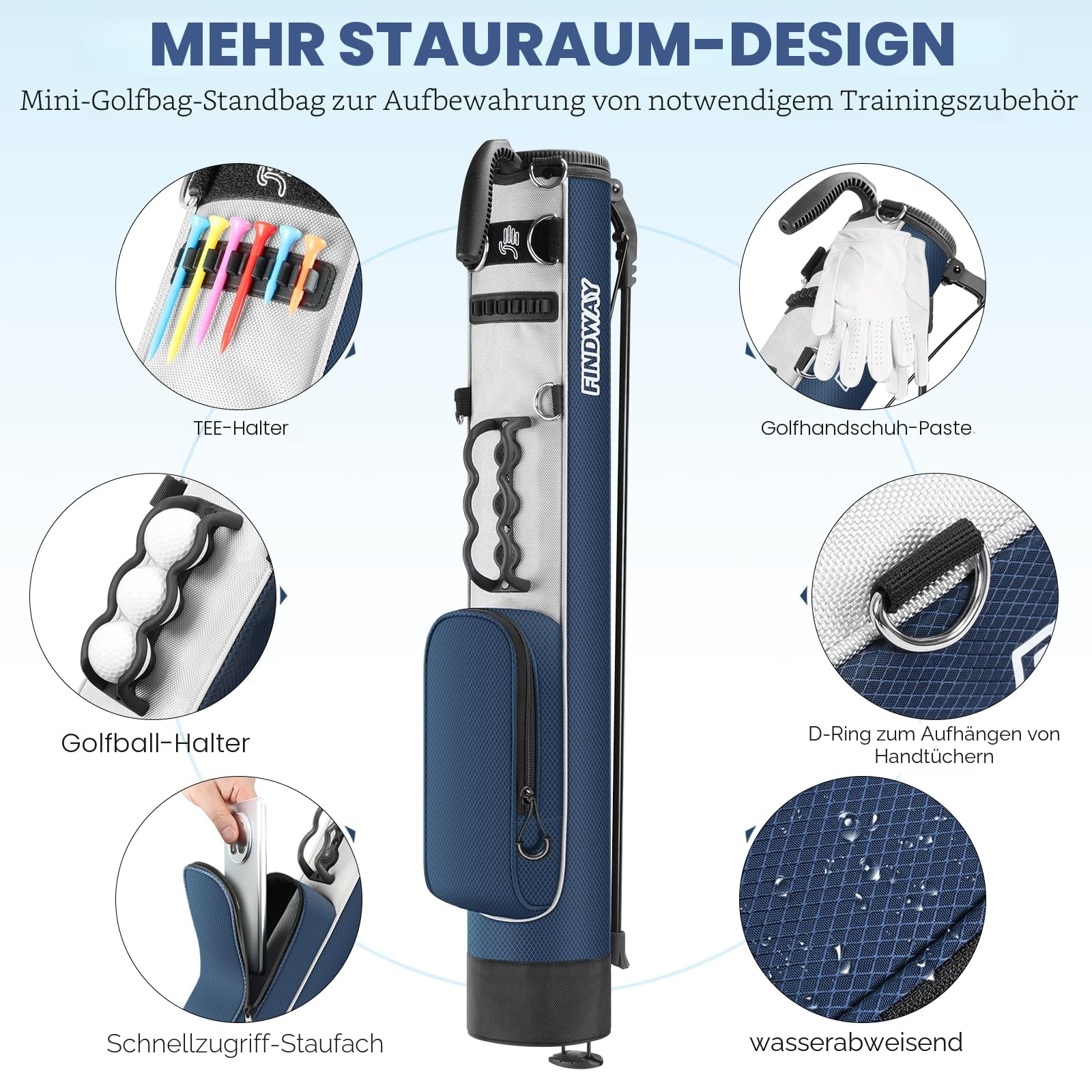 Findway Golf Bag, Golf Stand Tragetasche mit Riemen, Leichter Einfach zu tragen und haltbare Pitch n Putt Golftasche für die Driving Range, Par 3 und Executive Plätze, 80 cm Hoch