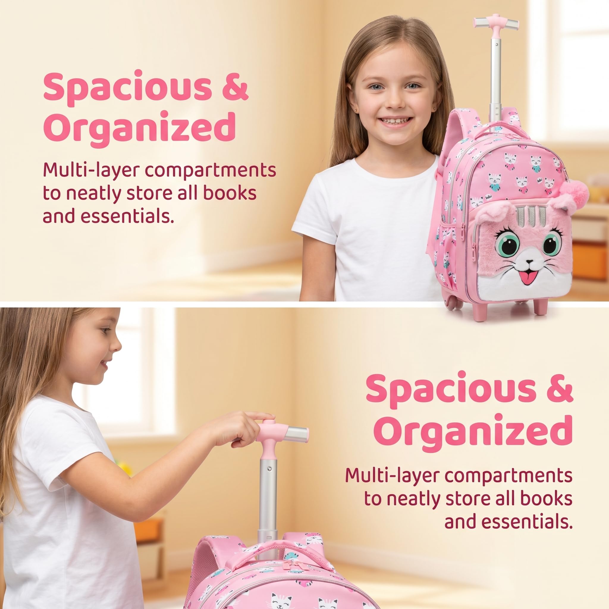 Sac a Dos Roulette Fille Enfant Cartable Cabine Primaire Valise École Maternelle Sacs à D'école pour Voyage de Bagages Ensemble Grand Étudian Simple Poches Tissu Peluche Rose Chat