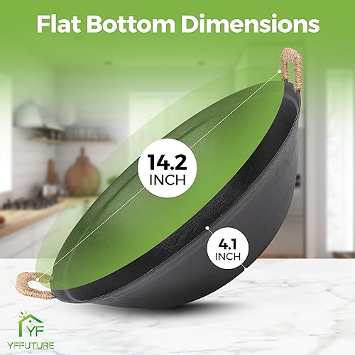 Miniatura 3 de YFFUTURE Wok de hierro fundido pre-sazonado  14.2 pulgadas, fondo plano, antiadherente, con tapa de madera, óptimo para electricidad e inducción,
