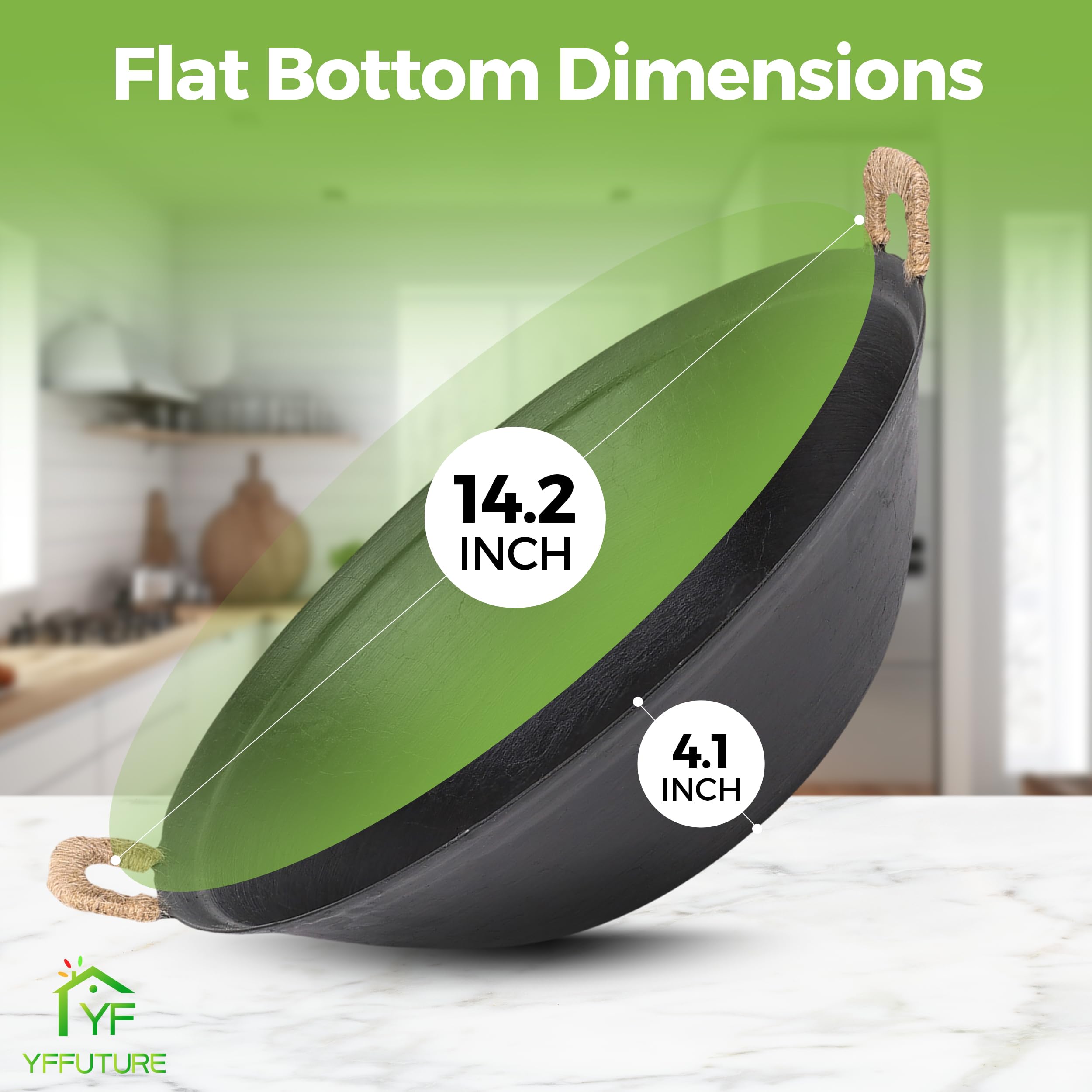 Wok in ghisa pre-stagionato, 36 cm, fondo piatto, antiaderente, con coperchio in legno, ottimale per elettrico e induzione, ritenzione del calore superiore, durevole per una cottura versatile