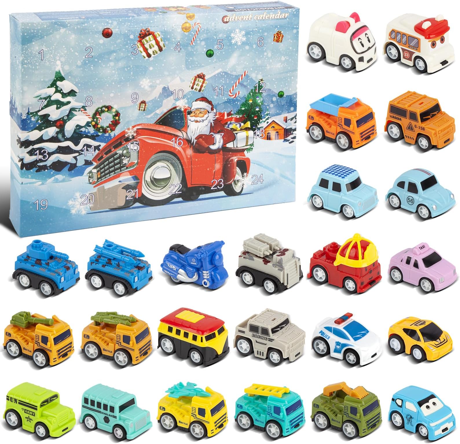 Christmas Advent Calendar 2023 Kids Boys, 24 Days Countdown Calendar Pull Back Car Toys, Set of 24 Vehicles Toddler Advent Calendar 2023, Party Favors Xmas Christmas Gifts for 1 2 3 4 Years Old Girls