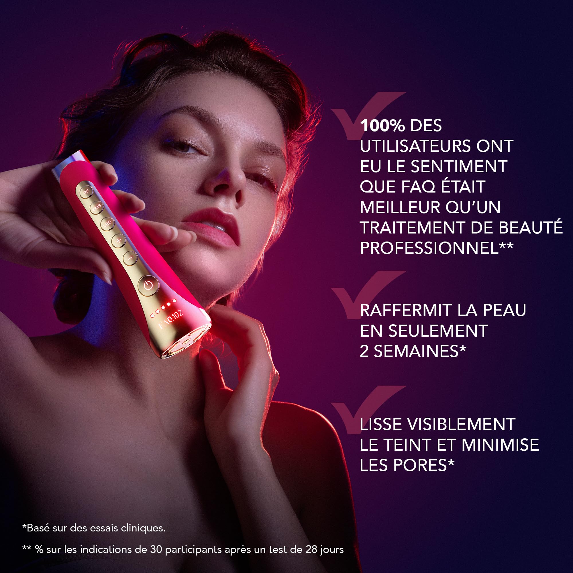 FAQ 102 Appareil Visage EMS, RF & 8 LED - Massage Lumière Rouge, Pink Ruby