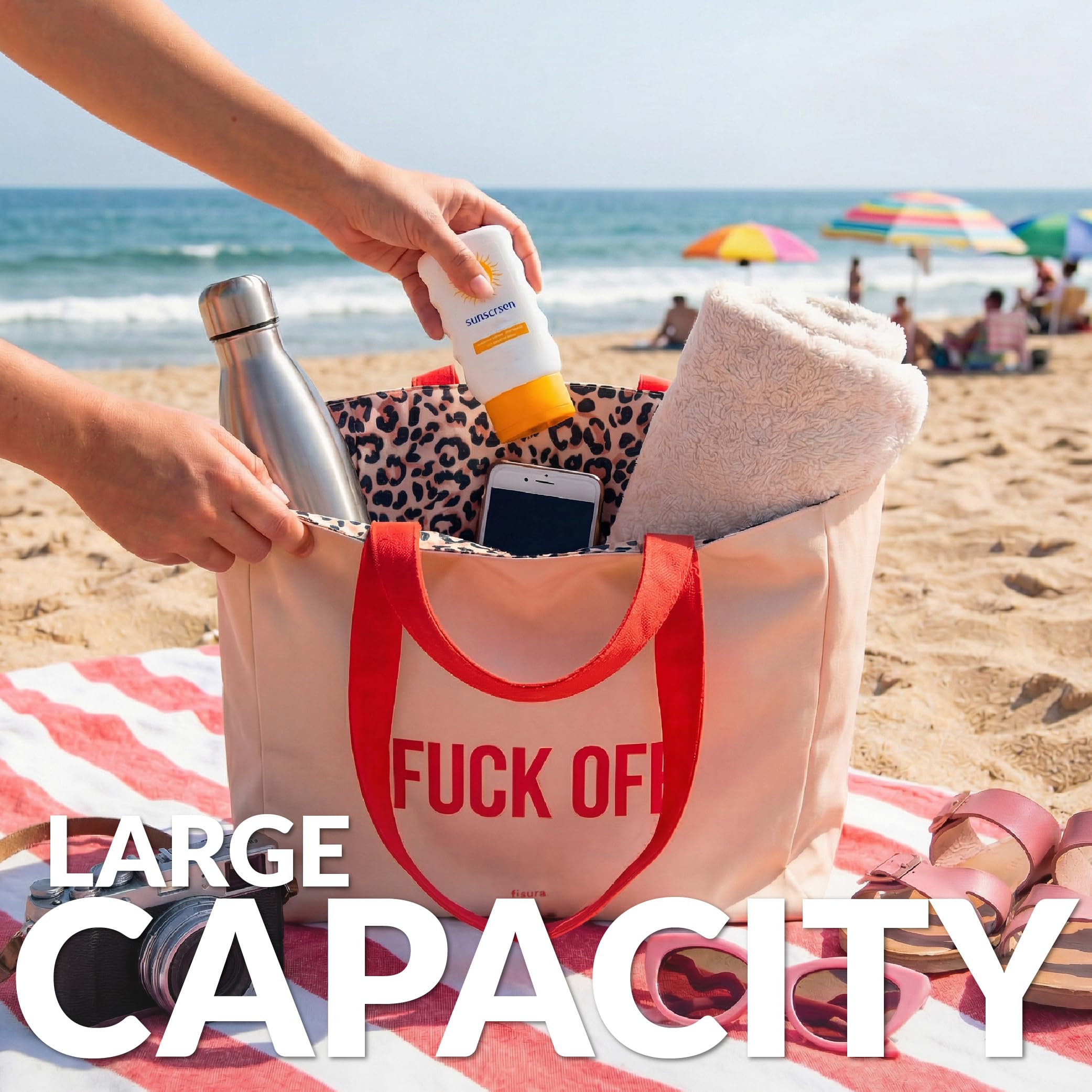 Fisura – Oryginalna torba plażowa „Fuck off”. Duża dwustronna torba plażowa beżowa w panterkę. Bawełniana damska tote bag XXL. Torba materiałowa na podróż, zakupy lub plażę.