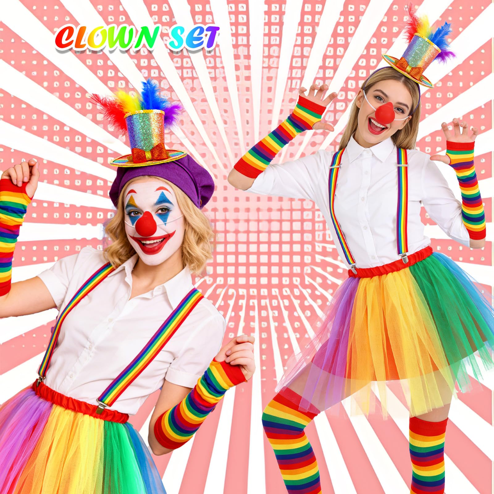 7 Piezas Disfraz Payaso Mujer Adulto, Disfraz Circo, Tutu Arcoíris Nariz de Payaso Pegatinas para la Cara Diadema de Plumas y Calcetines Arcoíris Guantes Tirantes