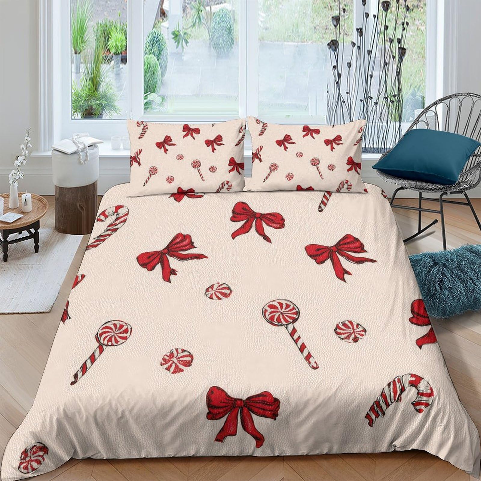 Ctjqhvkz Style-3 3D Printed Red Bow Fitted Sheet Microfiber Soft Cream Candy Cane Mattress Cover For Bedroom Guest Room Decor Single（135X200cm）