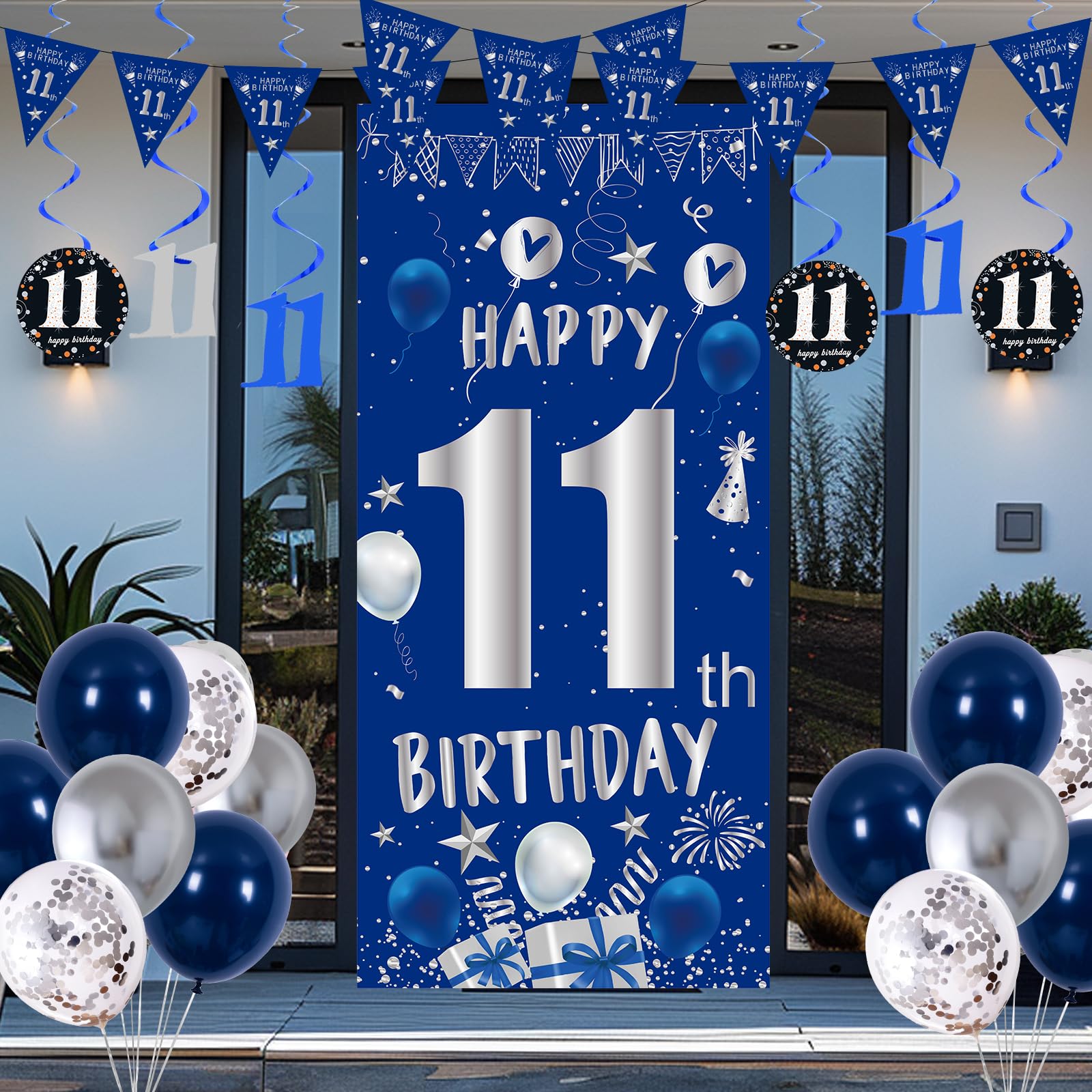 Decoraciones de cumpleaños número 11 para niños y niñas, juego de decoraciones de feliz cumpleaños número 11 azul y plateado con telón de fondo de 11 cumpleaños, mantel de globos, bandera triangular,