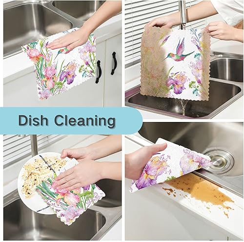 Miniatura 2 de Paquete de 6 paños de cocina con diseño de flores de colibrí para secar platos, paños de limpieza absorbentes, paños reutilizables para cocina,