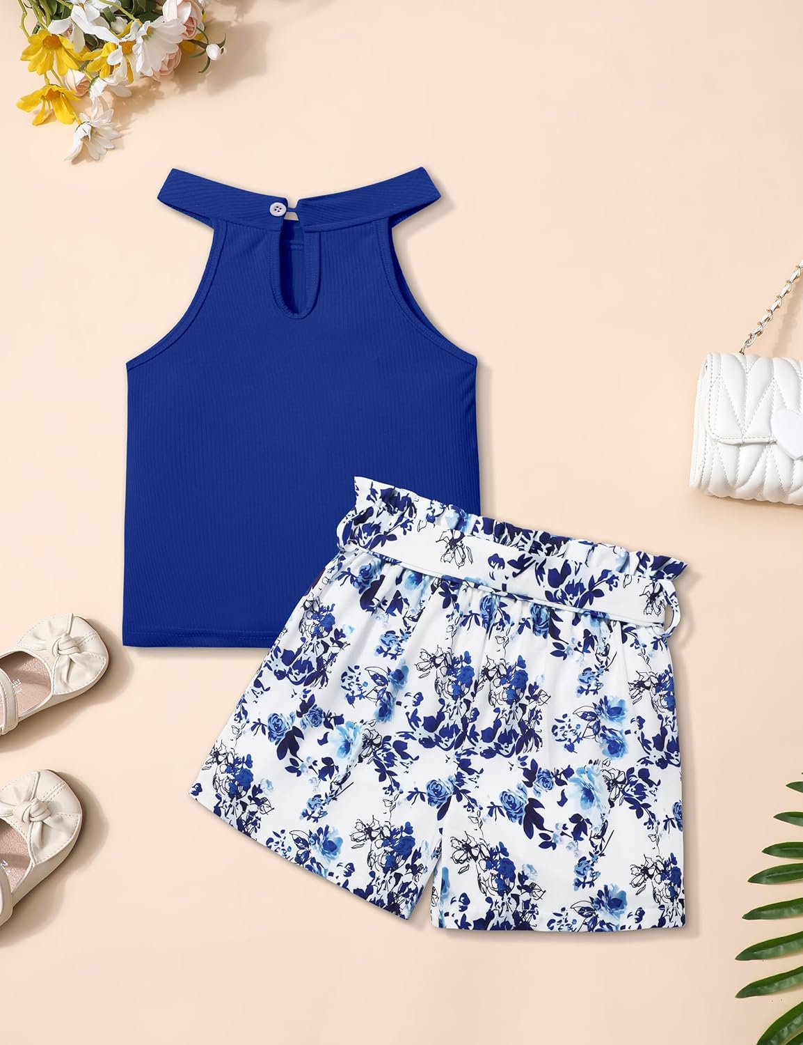 MIGU Girls Clothes Summer Halter Neck Ruffle Sleeveless Top Fashion Cute Floral Belt Shorts Two Piece Outfit Set Size 6-12 - Image 6