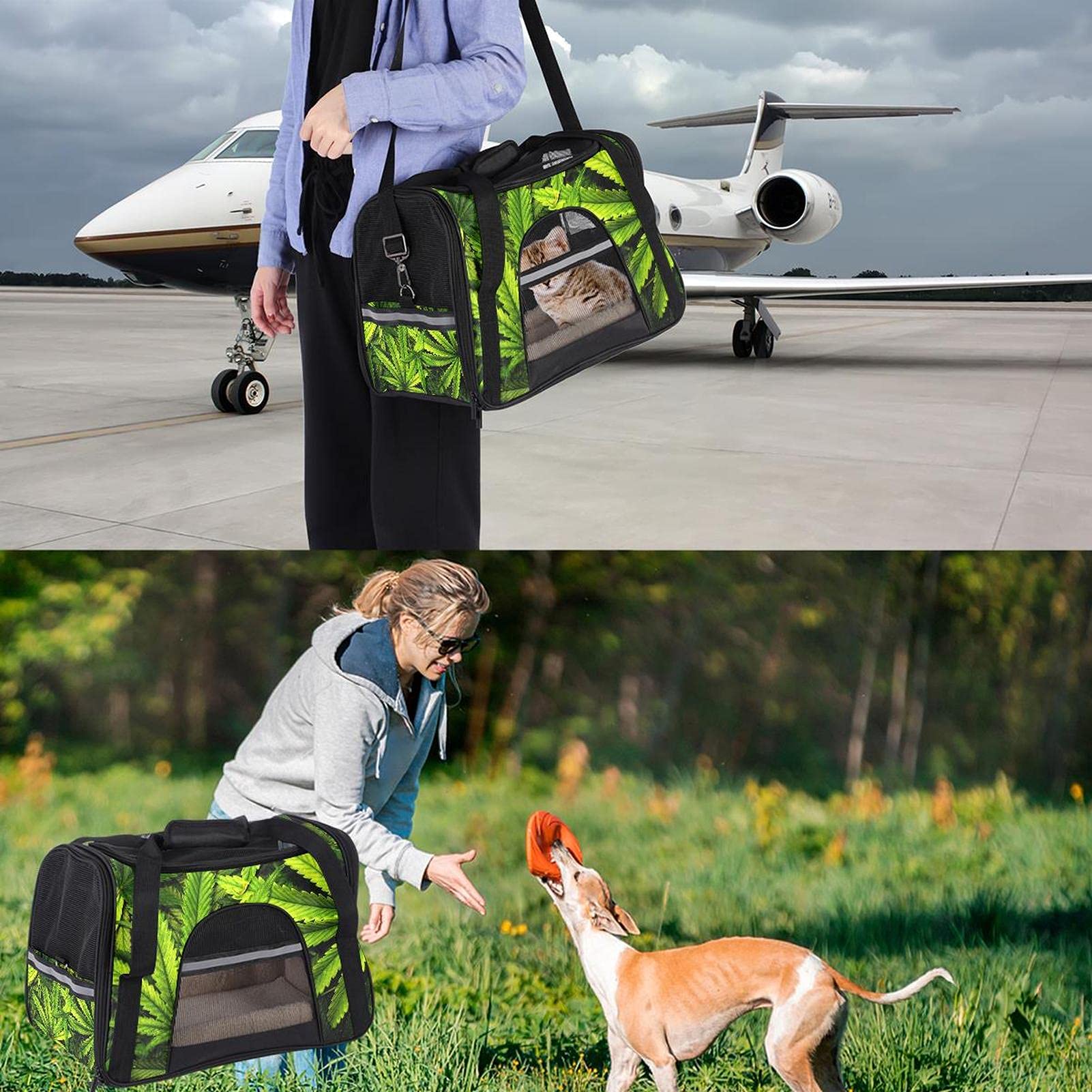 Haustier-Tragetasche, Cannabis-Textur, Marihuana-Blattflor mit weichen Seiten, für Katzen, Hunde, Welpen, bequem, tragbar, faltbar, von Fluggesellschaften zugelassen