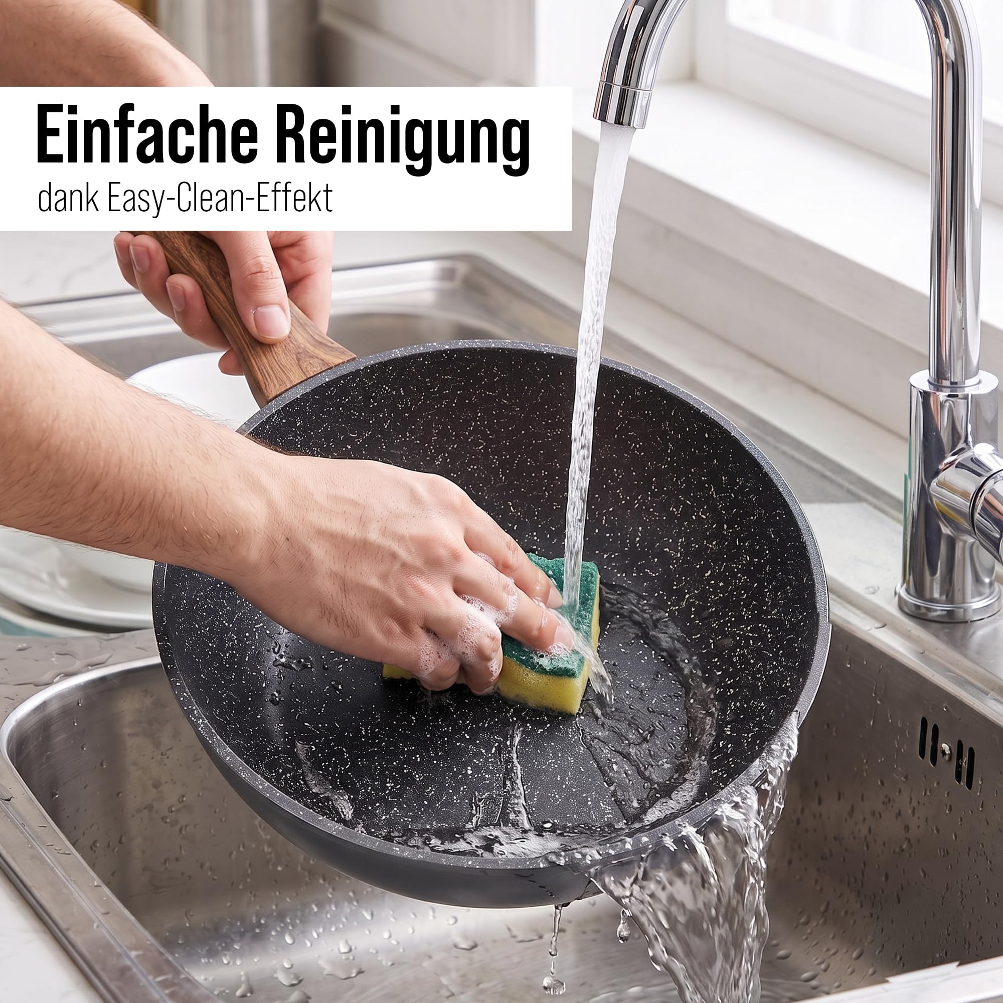 STONELINE Back to Nature Made in Germany Wok 30 cm, auch für öl- und fettfreies Braten, Wok Pfanne beschichtet mit echten Steinpartikeln, Wok Induktion und backofengeeignet