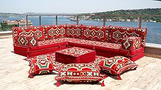 Red L Shaped Sectional Sofa, Terrace Arabic Sofa, Floor Cushions, Arabic Majlis, Poufs, Turkish Floor Seating Set, Sofa Covers, Sofa Bed (L Sofa Full Set)