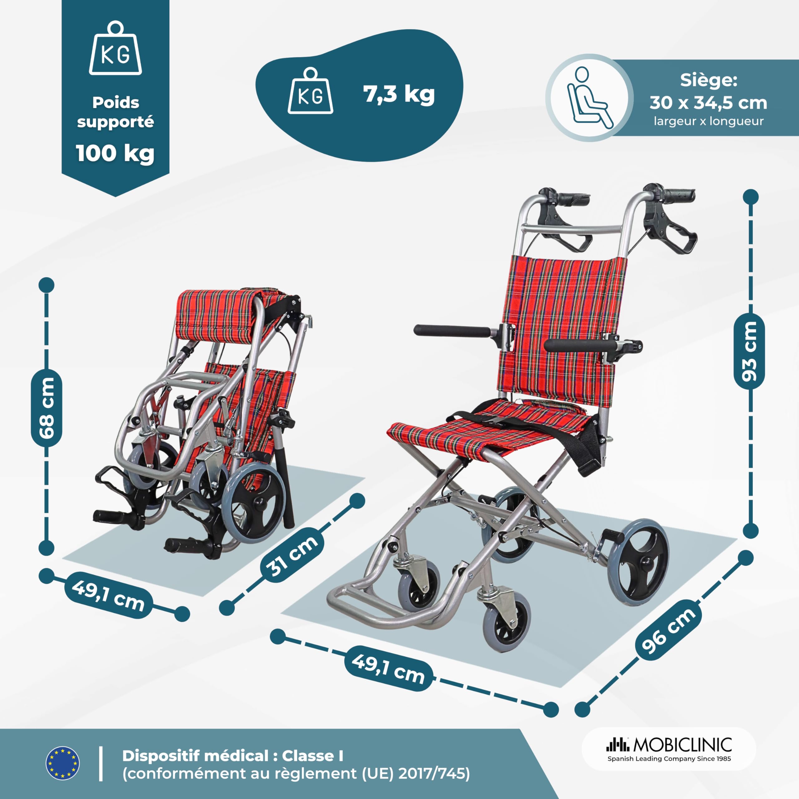 Mobiclinic, Fauteuil roulant Transit, modèle Neptuno, Aluminium, Pliant, Frein sur poignées, Marque européenne, Repose-pieds pliants, Accoudoirs pliants, Léger, Ceinture de sécurité