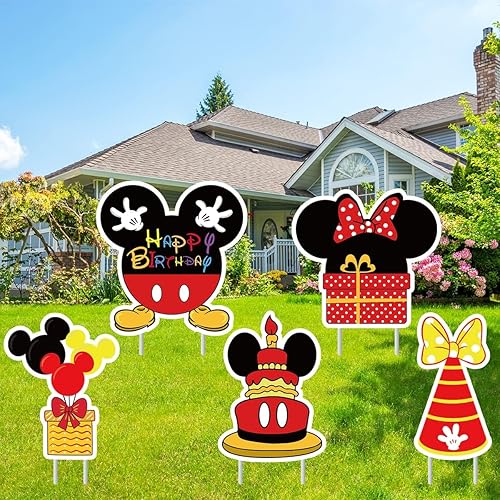 Miniatura 5 de 5 piezas de suministros de fiesta de cumpleaños de Mickey para ratón, letrero grande de dibujos animados de Mickey Yard, decoración de fiesta de